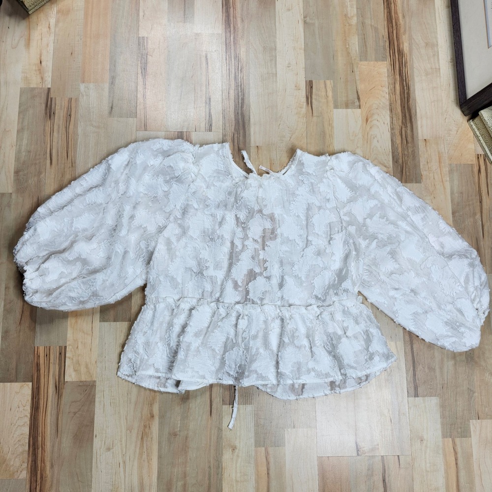 Free People Peplum Top Puff Sleeve Tie Back‎ White Textured Size XS
